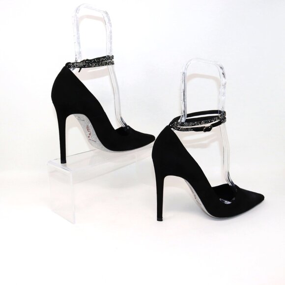 René Caovilla NEW 38 Black Suede Fabulosity Swarovski Crystal Ankle Wrap Heels - Picture 6 of 16